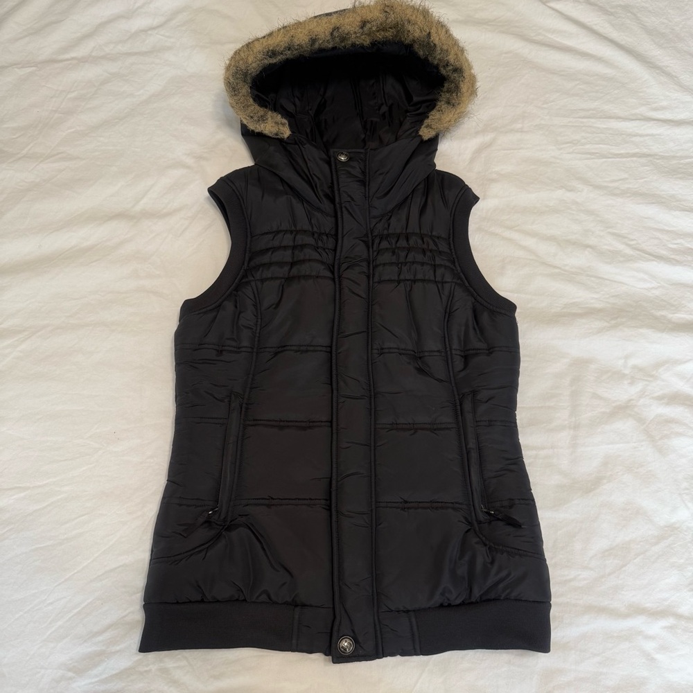 Burton Black Hooded Vest with Faux Fur Trim